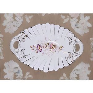 Antique KPM Germany Scalloped Serving Bowl-White Floral Gold Handles numbered